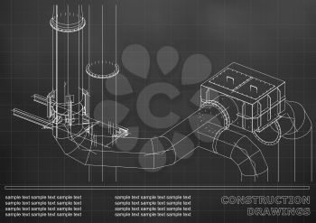 Construction drawings. 3D metal construction. Pipes, piping. Cover, background for text. Black. Grid