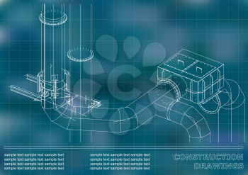 Construction drawings. 3D metal construction. Pipes, piping. Cover, background for text. Blue. Grid