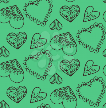 Cute seamless pattern. Doodle heart. Contour drawing. Love. A heart. Valentine's Day. Hand drawing. Sketch. Green background