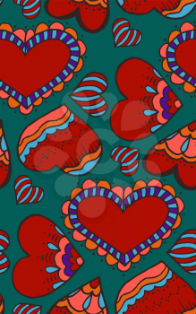 Cute seamless pattern. Doodle heart. Love. Heart. Hand drawing. Sketch. Green background