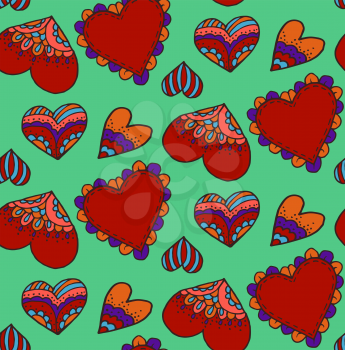 Cute seamless pattern. Doodle heart. Love. Heart. Valentine's Day. Hand drawing. Sketch. Green background