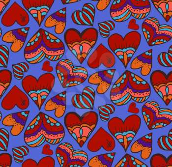 Cute seamless pattern. Heart. Hand drawing. Doodle decoration, design. Sketch. Blue background