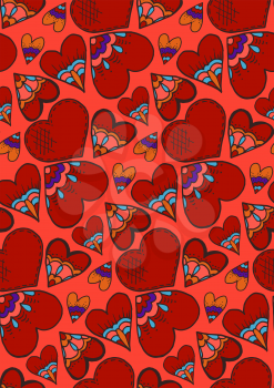 Cute seamless pattern. Heart. Hand drawing. Doodle. Love. Sketch. Red background