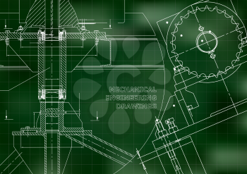Engineering backgrounds. Technical. Mechanical engineering drawings. Blueprints. Green. Grid