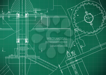 Engineering backgrounds. Technical. Mechanical engineering drawings. Blueprints. Light green. Grid