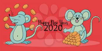 2020 inscription on a red background. Cartoon style. Happy New Year 2020. Banner, flyer, postcard. Symbol of the year. Two rats