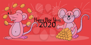 2020 inscription on a red background. Cartoon style. Happy New Year 2020. Web banner, print, typography, flyer, postcard. Symbol of the year. Two rats