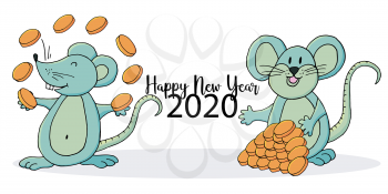 2020 inscription on a white background. Happy New Year 2020. Banner, flyer, postcard. Symbol of the year. Two rats. Cartoon style