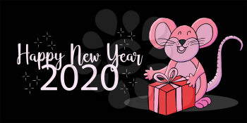 2020 typographic inscription on a black background. Happy New Year 2020. Web banner, print, typography. Year of the Rat. Symbol of the year in cartoon style