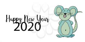 2020 typographic inscription on a white background. Happy New Year 2020. Banner, flyer, postcard. Year of the Rat. Cartoon style
