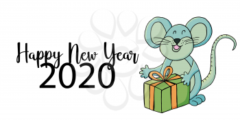 2020 typographic inscription on a white background. Happy New Year 2020. Banner, flyer, postcard. Year of the Rat. Symbol of the year in cartoon style