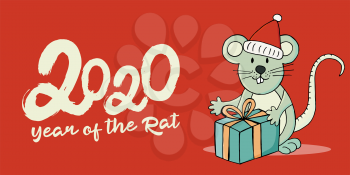 Banner Year of the Rat. 2020 typographic inscription on a red background. Happy New Year 2020. Symbol of the year with a gift in cartoon style