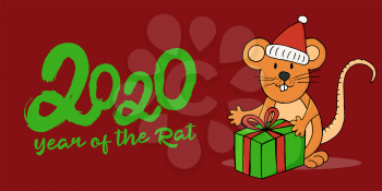 Banner Year of the Rat. 2020 Web banner, print, typography. Happy New Year 2020. Symbol of the year with a gift in cartoon style