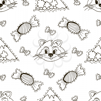 Cartoon seamless pattern. Textiles, cartoon background. Mountains, trees, bows, candy, raccoon