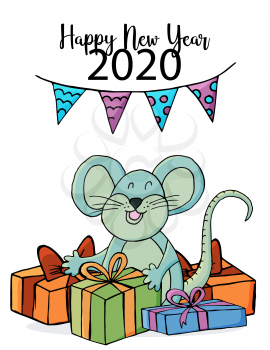 Cute mouse or rat, symbol of 2020. New Year greeting card, flyer, banner. Holiday poster, invitation