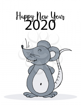 Cute mouse or rat, symbol of 2020. New Year greeting card, flyer, banner. Holiday poster, invitation. Vector style, eps 10. Happy new year