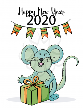 Cute mouse or rat, symbol of 2020. New Year greeting card, flyer, banner. Holiday poster, invitation. Vector style, eps 10. New year