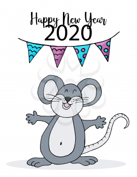 Cute mouse or rat, symbol of 2020. New Year greeting card, flyer, banner. Holiday poster. Vector style, eps 10. Happy new year