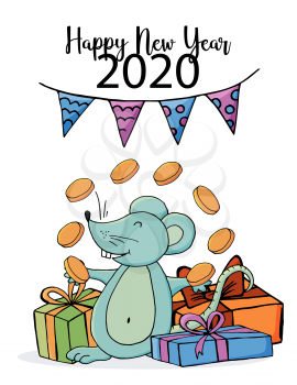 Cute mouse or rat, symbol of 2020. New Year greeting card, flyer, banner, invitation. Vector style. Happy new year