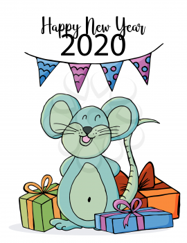 Cute mouse or rat, symbol of 2020. New Year greeting card, flyer, banner. Vector style. Happy new year