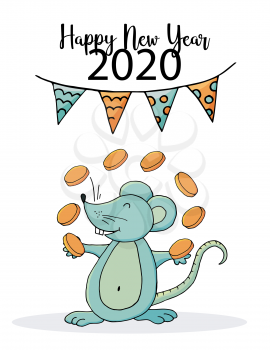 Cute mouse or rat, symbol of 2020. New Year greeting card, flyer. Vector. Happy new year