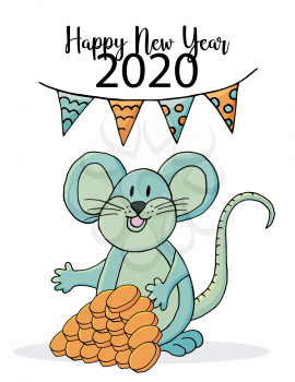 Cute mouse or rat, symbol of 2020. New Year greeting card, flyer. Vector style. Happy new year