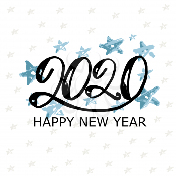 Happy New Year 2020. Holiday card, flyer, banner. Star design brush drawing