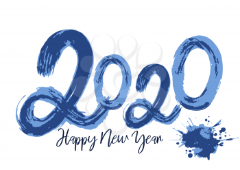 Happy New Year 2020. Holiday flyer, banner. Cover for calendar or business diary. Blue text design, calligraphy, brush drawing