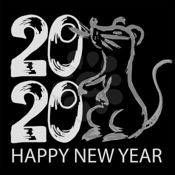 Happy New Year 2020. Year of the Rat. Symbol of the year. Holiday card, flyer, banner. Cover for calendar. Brush calligraphy