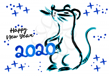 Happy New Year 2020. Year of the Rat. Symbol of the year. Holiday flyer, banner. Calendar cover, new year design. Brush calligraphy
