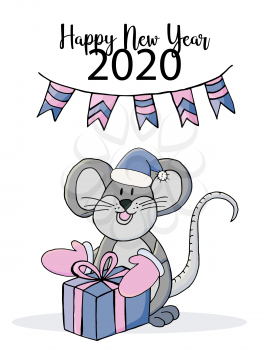 Happy new year. Cute mouse or rat, symbol of 2020. New Year greeting card, flyer, banner. Holiday poster, invitation