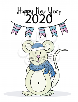 Happy new year. Cute mouse or rat, symbol of 2020. New Year greeting card, flyer, banner. Holiday poster, invitation. Vector