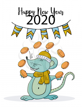 Happy new year. Cute mouse or rat, symbol of 2020. New Year greeting card, flyer, banner. Holiday poster, invitation. Vector eps 10