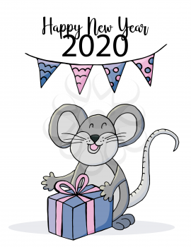 Happy new year. Cute mouse or rat, symbol of 2020. New Year greeting card, flyer, banner. Holiday poster, invitation. Vector style, eps 10
