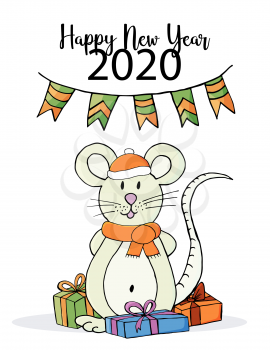 Happy new year. Cute mouse or rat, symbol of 2020. New Year greeting card, flyer. Holiday poster, invitation. Vector style, eps 10
