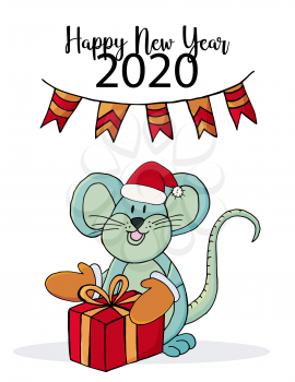 Happy new year. Cute mouse or rat, symbol of 2020. New Year greeting flyer, banner. Holiday poster, invitation. Vector style, eps 10