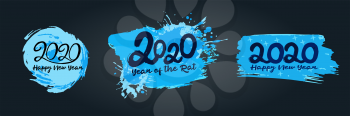 Set of 2020 typographic inscription on a blue background. Happy New Year 2020. Banner, flyer, Happy New Year. Bright brush strokes. Creative lettering collection