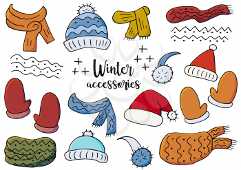Set of winter accessories. Winter season elements for your design. A collection of hats, scarves, snoods, mittens, isolated and grouped. Light and shadow