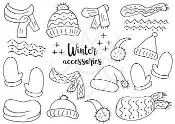 Set of winter accessories. Winter season elements for your design. A collection of hats, scarves, snoods, mittens, isolated and grouped. outline drawing