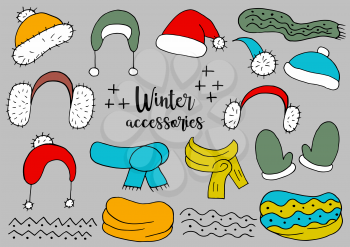 Winter accessories. Winter season elements for your design. A collection of hats, scarves, snoods, mittens, isolated and grouped