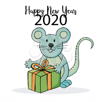 Year of the Rat 2020. Festive symbol cartoon style on a white background. Happy New Year 2020. Banner, flyer, postcard. Rat with gifts