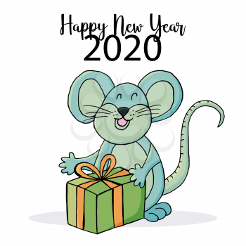 Year of the Rat 2020. Festive symbol cartoon style on a white background. Happy New Year 2020. Banner, flyer. Rat with gifts
