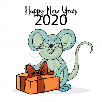 Year of the Rat 2020. Festive symbol cartoon style on a white background. Happy New Year 2020. Banner. Rat with gifts