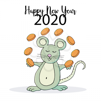 Year of the Rat 2020. Festive symbol on a white background. Happy New Year 2020. Banner, flyer, postcard. Rat with coins in cartoon style