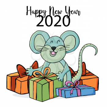 Year of the Rat 2020. Festive symbol on a white background. Happy New Year 2020. Banner, flyer, postcard. Rat with gifts in cartoon style