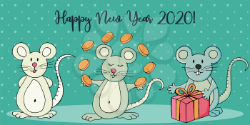 Year of the Rat. 2020 inscription. Happy New Year 2020. Cartoon style Symbol of the year. Web banner, print, typography. Three rats