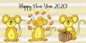 Year of the Rat. 2020 inscription. Happy New Year 2020. Symbol of the year Cartoon style. Three rats. Web banner, print, typography