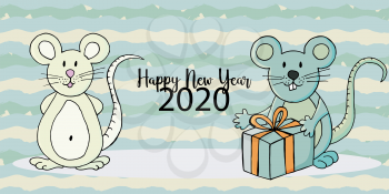Year of the Rat. 2020 inscription. Happy New Year 2020. Symbol of the year. Two rats. Cartoon style. Web banner, print, typography