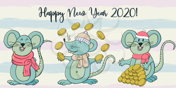 Year of the Rat. 2020 inscription. Happy New Year 2020. Web banner, print, typography. Symbol of the year. Three rats. Cartoon style