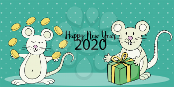 Year of the Rat. 2020 inscription. Happy New Year 2020. Web banner, print, typography. Symbol of the year. Two rats